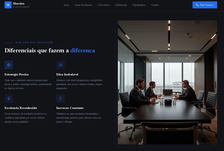 Site de advocacia premium com sala de reunião e diferenciais do escritório