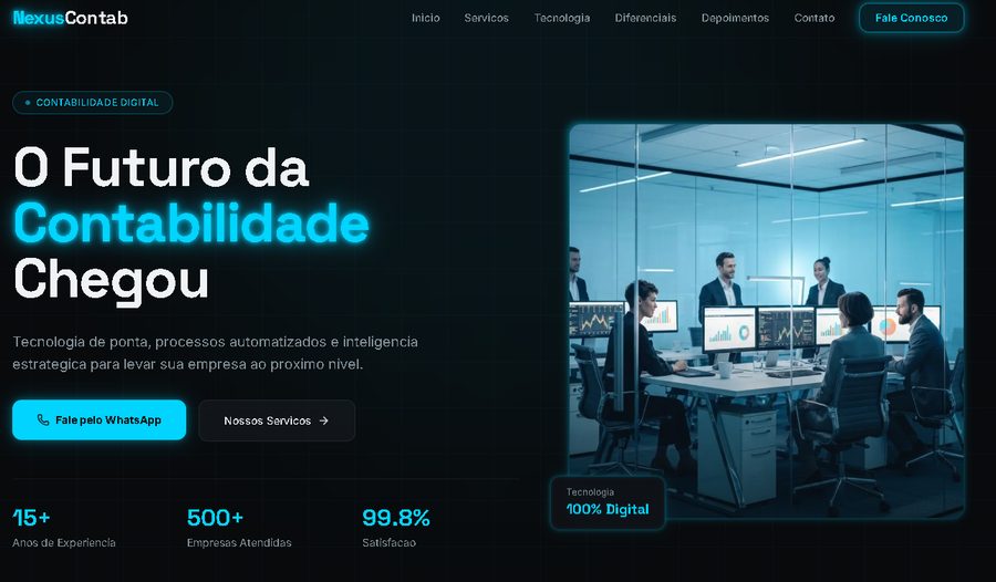 Site de contabilidade com identidade visual neon sobre fundo escuro